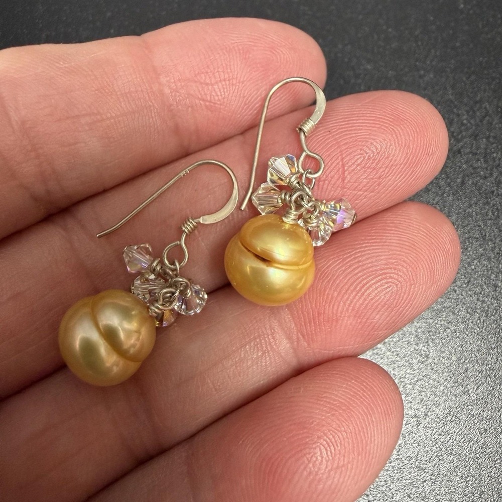 Sterling Silver Glass Pearl Drop Earrings Aurora Borealis Crystals 1.25"‎